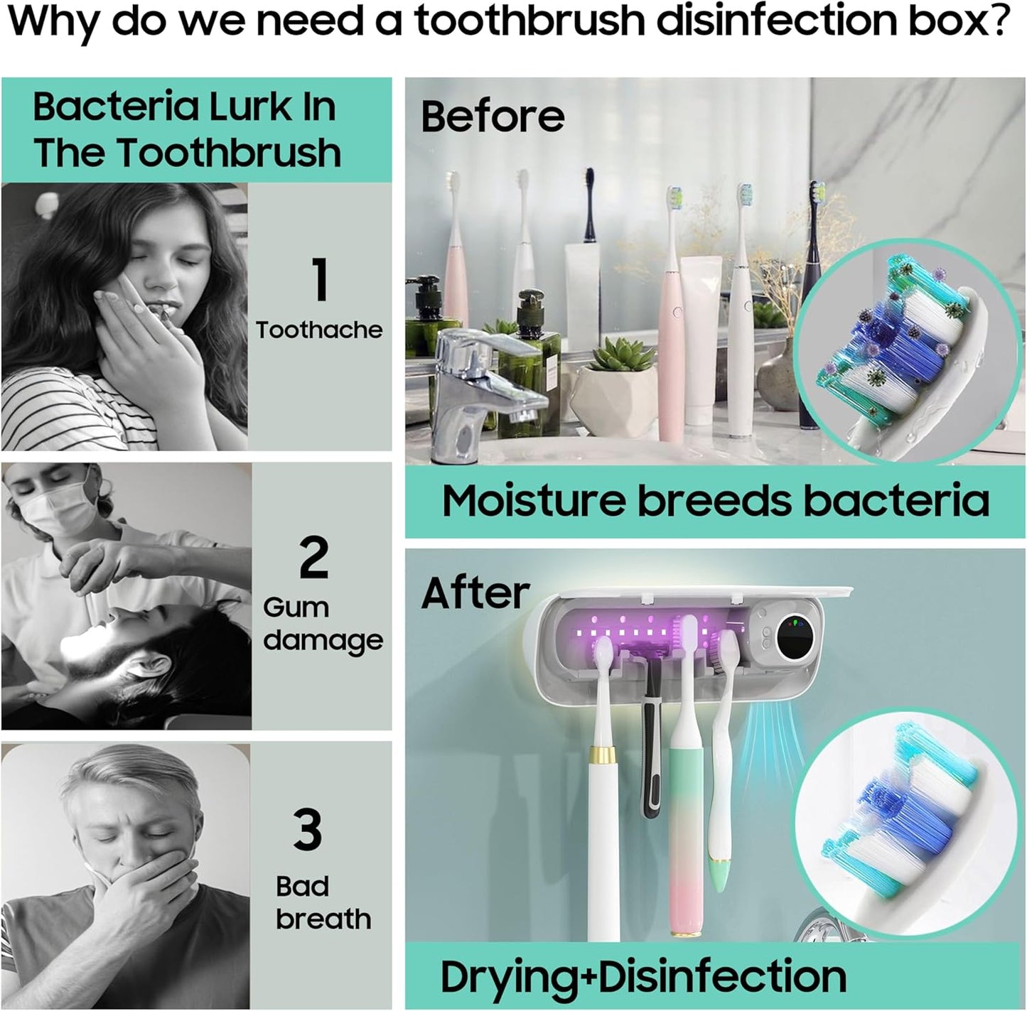 UV Toothbrush Holders for Bathrooms, Air DryingHolder Smart Home Bathroom Accessories, Timer Function & 5 Toothbrush Slots, Toothbrush Holder Wall Mounted with Replaceable Slot