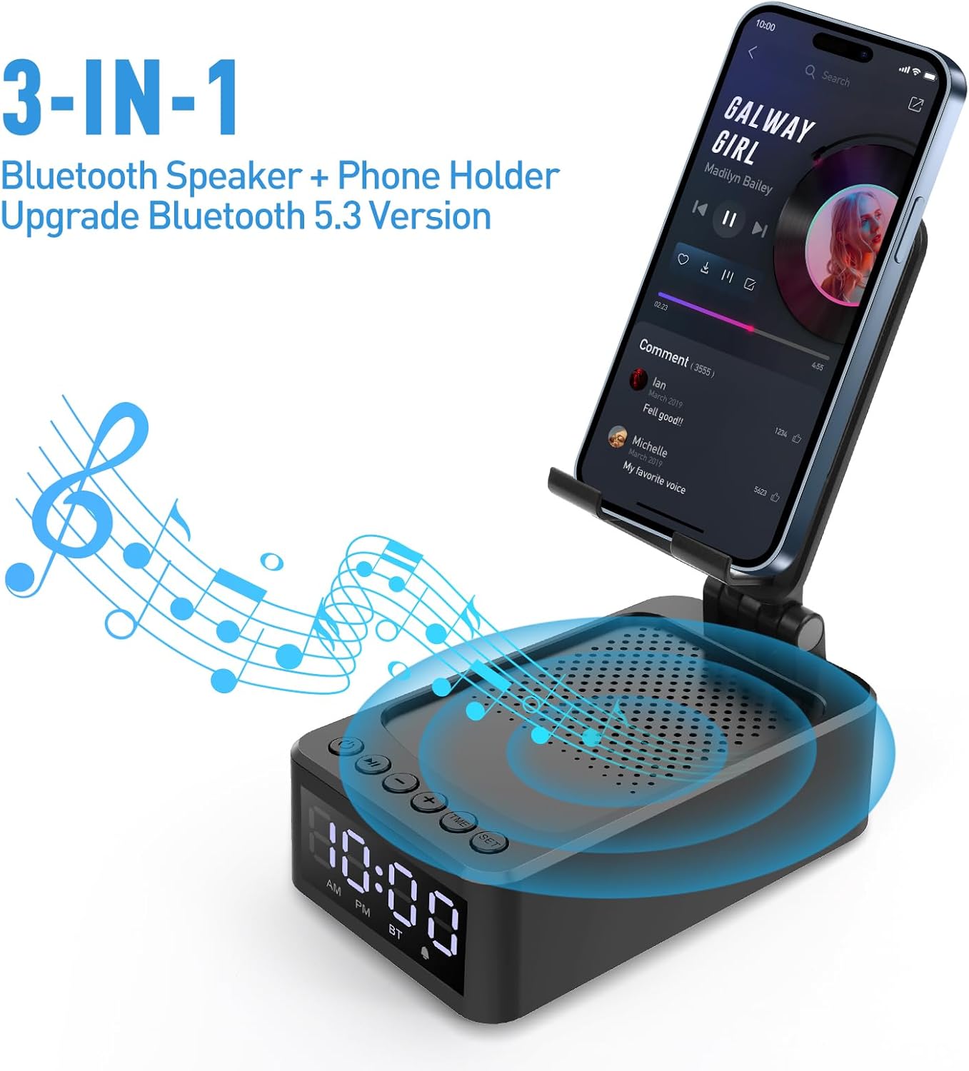 3-in-1 Desk Phone Stand with Wireless Speaker and LED Clock, Adjustable Smartphone Holder for Home and Office Use