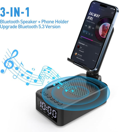 3-in-1 Desk Phone Stand with Wireless Speaker and LED Clock, Adjustable Smartphone Holder for Home and Office Use