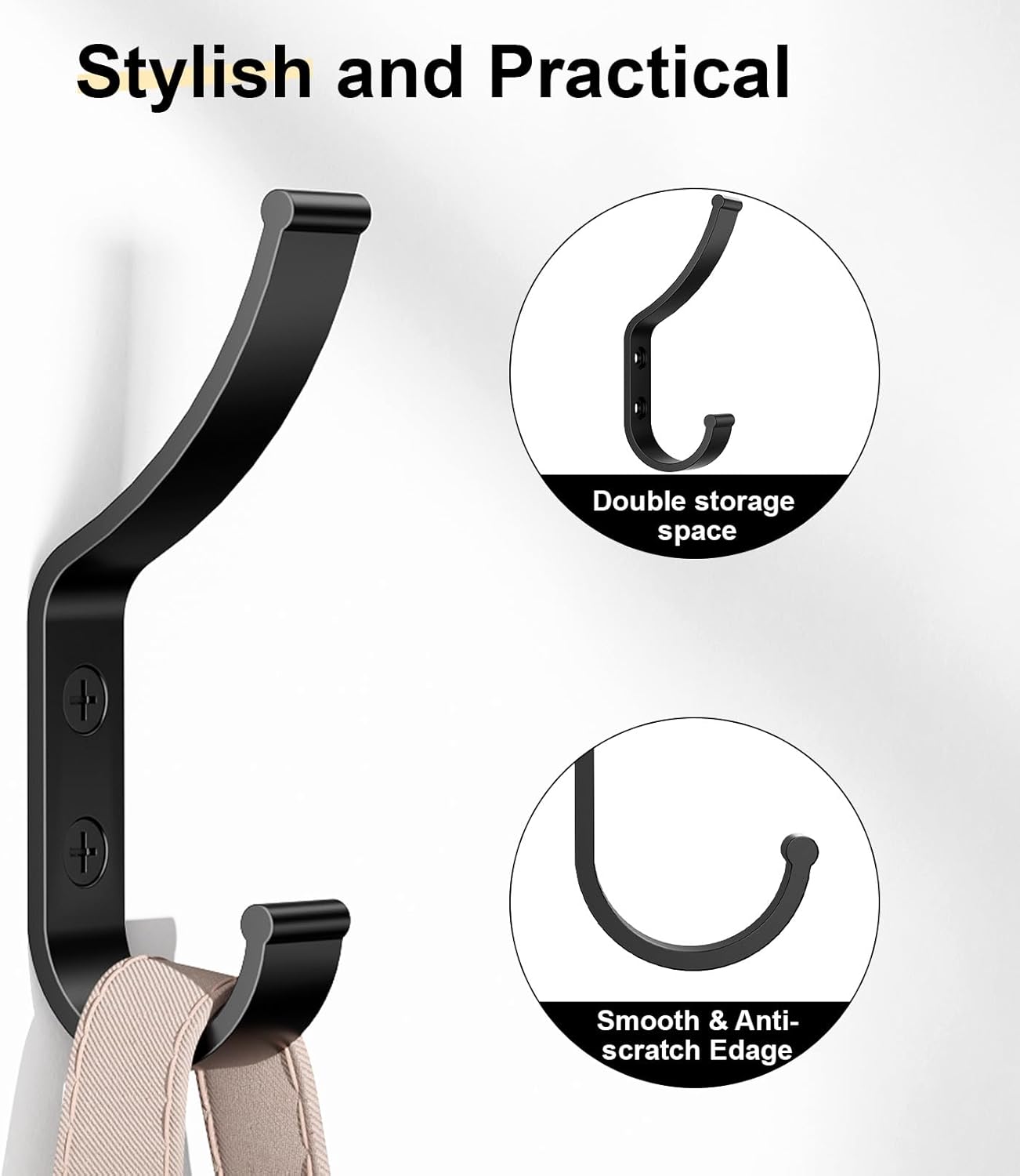 12 Pack Coat Hooks, 30KG Load Bearing Wall Hook for Hanging(Max), 1.6" L X 0.5" W X 3.94" H Coat Rack Wall Mount Double Hooks for Bag, Towels, Hats, Keys, Black