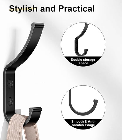 12 Pack Coat Hooks, 30KG Load Bearing Wall Hook for Hanging(Max), 1.6" L X 0.5" W X 3.94" H Coat Rack Wall Mount Double Hooks for Bag, Towels, Hats, Keys, Black