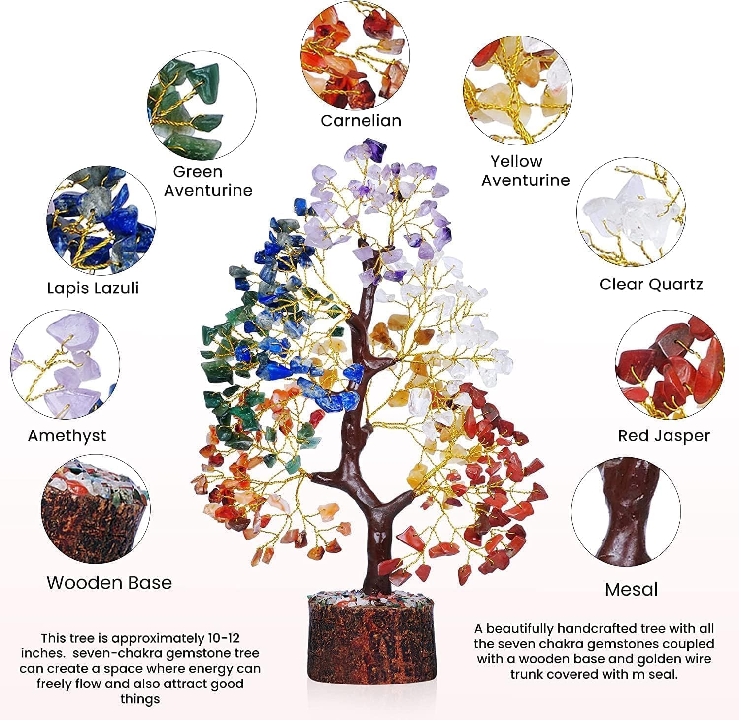 YATSKIA 7 Chakra Crystal Tree of Life – Handcrafted Healing Crystal Bonsai with Natural Gemstones – Feng Shui Money Tree - PuriLite