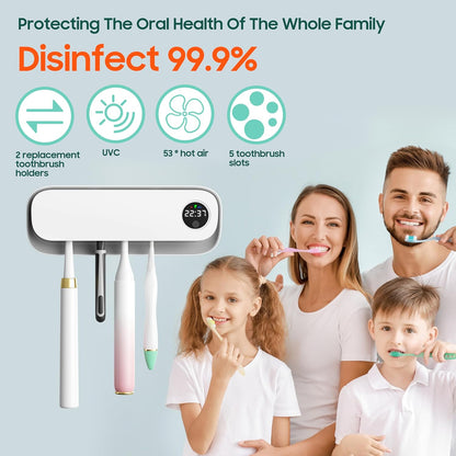 UV Toothbrush Holders for Bathrooms, Air DryingHolder Smart Home Bathroom Accessories, Timer Function & 5 Toothbrush Slots, Toothbrush Holder Wall Mounted with Replaceable Slot