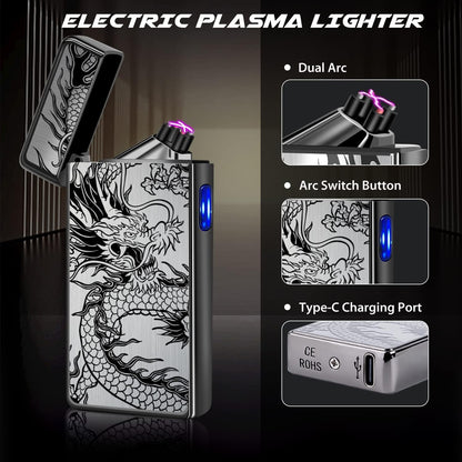 Gifts for Him Men, Electric Lighter USB C Rechargeable Dragon Lighter Dual Arc Plasma Windproof Lighter Cool Lighter Flame-Less with Large Capacity Battery (Black Dragon)