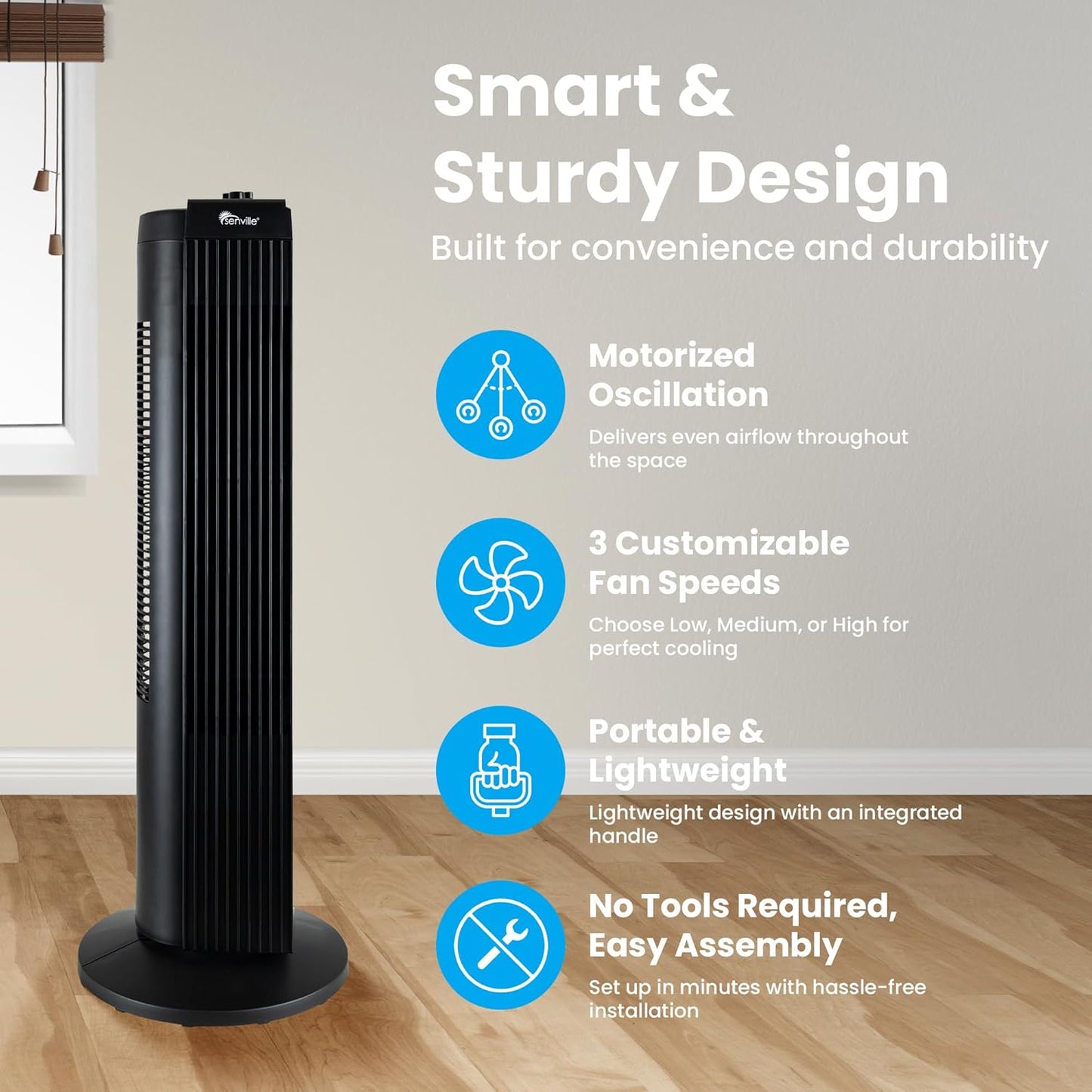 Senville 27" Standing Fan for Bedroom and Home with 60° Oscillation, 3 Speed, Compact Space-Saving Design, SENFZ10-19M