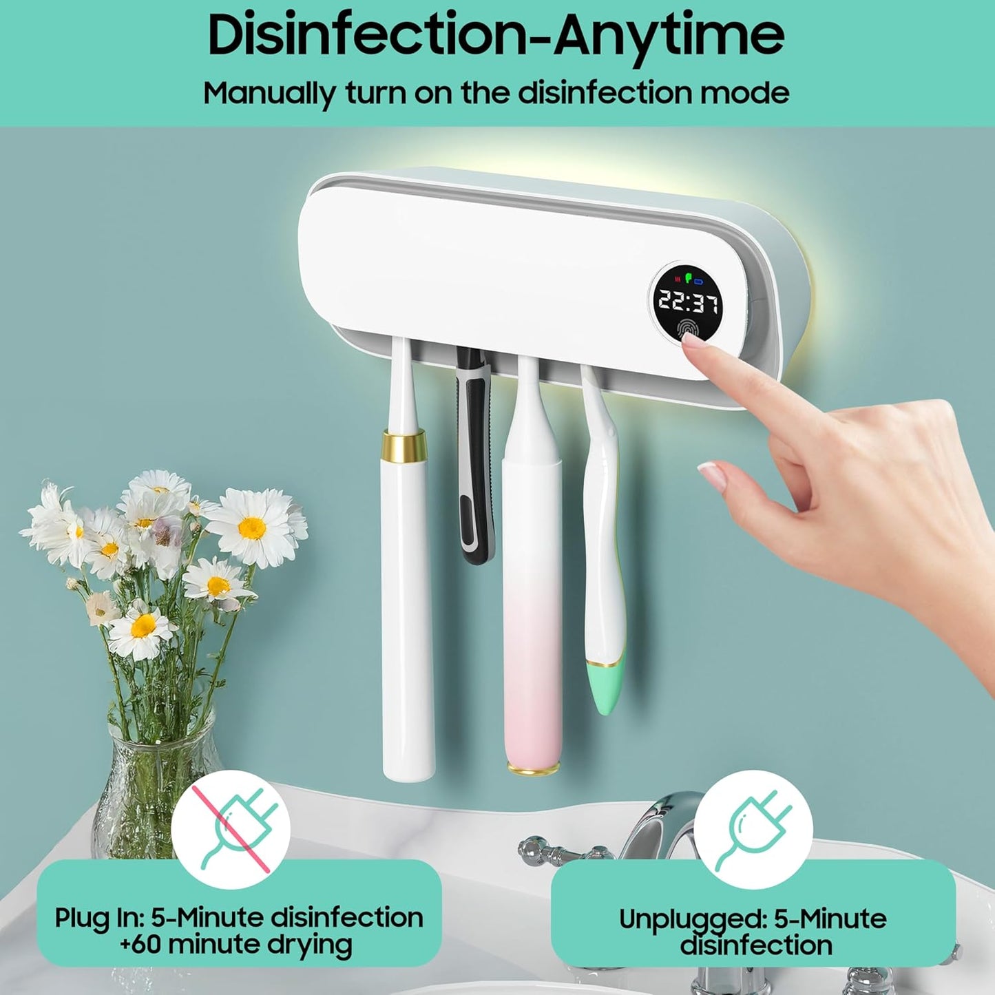 UV Toothbrush Holders for Bathrooms, Air DryingHolder Smart Home Bathroom Accessories, Timer Function & 5 Toothbrush Slots, Toothbrush Holder Wall Mounted with Replaceable Slot