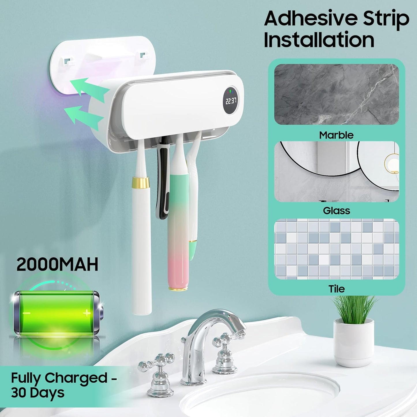 UV Toothbrush Holders for Bathrooms, Air DryingHolder Smart Home Bathroom Accessories, Timer Function & 5 Toothbrush Slots, Toothbrush Holder Wall Mounted with Replaceable Slot
