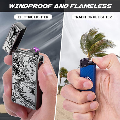 Gifts for Him Men, Electric Lighter USB C Rechargeable Dragon Lighter Dual Arc Plasma Windproof Lighter Cool Lighter Flame-Less with Large Capacity Battery (Black Dragon)