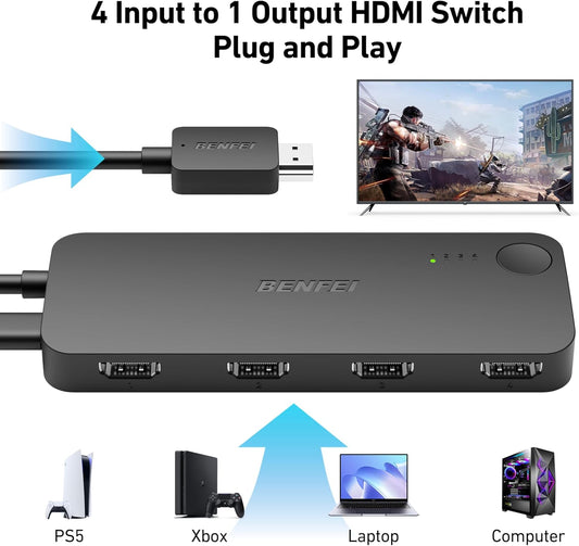 BENFEI HDMI Switch 4 in 1 Out 4K@60Hz, 2K@144Hz, HDCP 2.3 【with Adaptive Equalization Support 10M HDMI Transmit】 Compatible for PS5/4, Xbox, Roku, FireStick, Switch - PuriLite