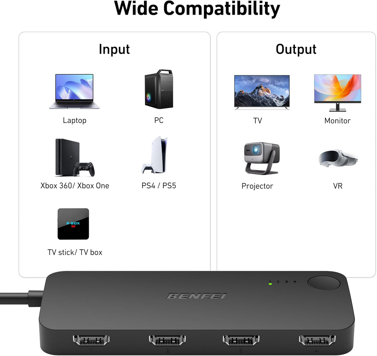 BENFEI HDMI Switch 4 in 1 Out 4K@60Hz, 2K@144Hz, HDCP 2.3 【with Adaptive Equalization Support 10M HDMI Transmit】 Compatible for PS5/4, Xbox, Roku, FireStick, Switch
