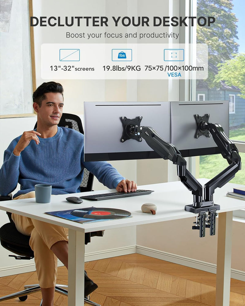 HUANUO Dual Monitor Stand - Full Adjustable Monitor Desk Mount Swivel Vesa Bracket with C Clamp, Grommet Mounting Base for 13 to 32 Inch Computer Screens - Each Arm Holds 4.4 to 19.8lbs