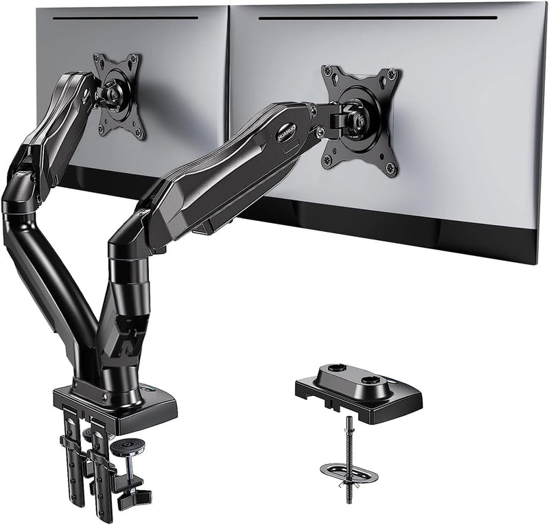 HUANUO Dual Monitor Stand - Full Adjustable Monitor Desk Mount Swivel Vesa Bracket with C Clamp, Grommet Mounting Base for 13 to 32 Inch Computer Screens - Each Arm Holds 4.4 to 19.8lbs