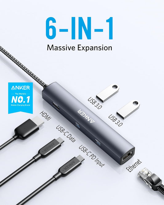 Anker 6-in-1 USB C Hub with 65W Power Delivery, 4K HDMI, 1Gbps Ethernet, USB Ports for MacBook Air, iPad Pro, XPS, and More - PuriLite