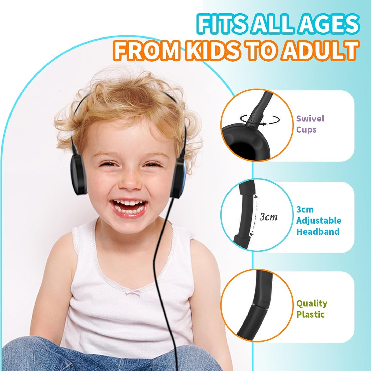 30 Pack Bulk Headphones for Classroom School, Durable Wholesale Wired Headphones for Kids Student Boys Girls Adults
