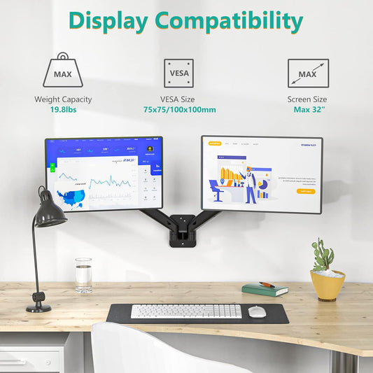 WALI Dual Monitor Wall Mount, Gas Spring Monitor Arm for 2 Screens up to 32 inch, 19.8 lbs. Fully Adjustable Arm Mounting Holes up to 100 x 100 (GSWM002), Black - PuriLite