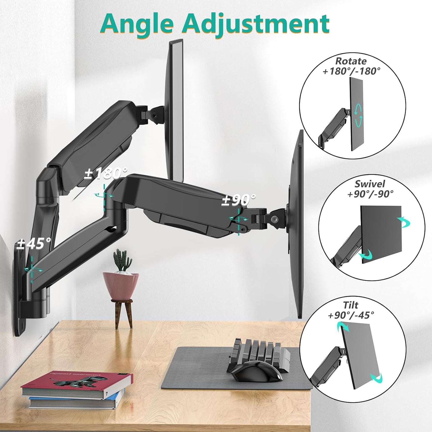 WALI Dual Monitor Wall Mount, Gas Spring Monitor Arm for 2 Screens up to 32 inch, 19.8 lbs. Fully Adjustable Arm Mounting Holes up to 100 x 100 (GSWM002), Black
