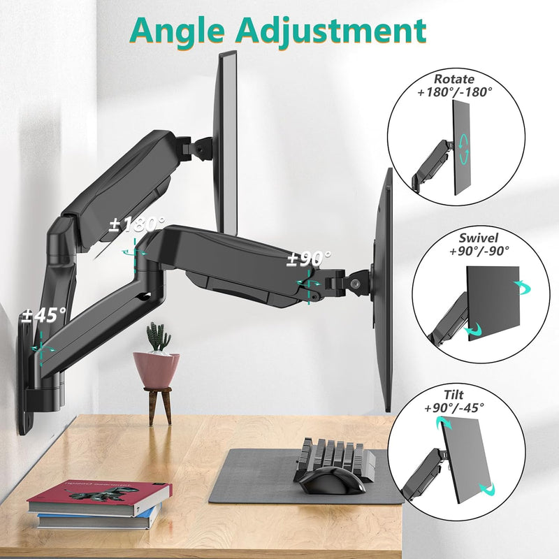 WALI Dual Monitor Wall Mount, Gas Spring Monitor Arm for 2 Screens up to 32 inch, 19.8 lbs. Fully Adjustable Arm Mounting Holes up to 100 x 100 (GSWM002), Black