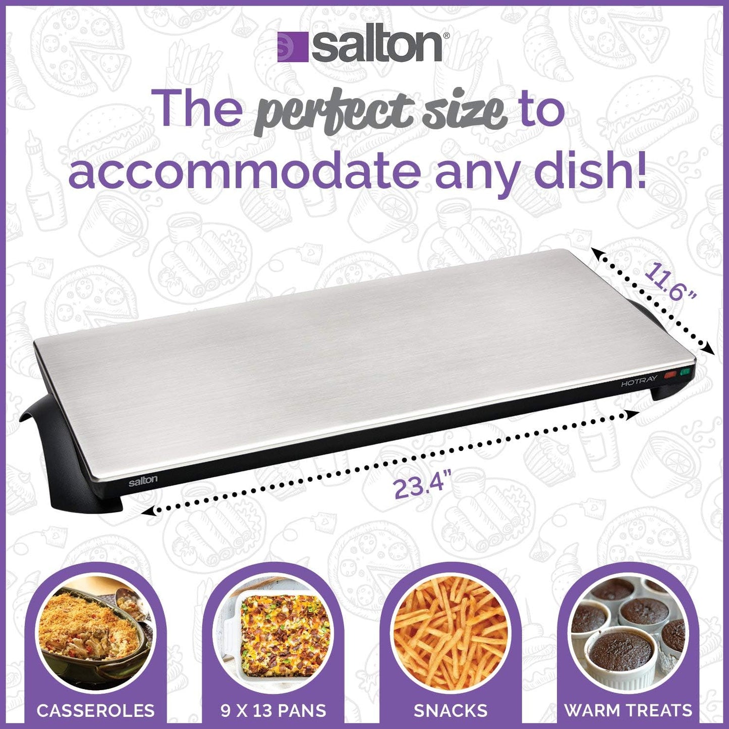 Salton Electric Warming Tray with Automatic Temperature Control, Keeps Food Hot for Buffets, Entertaining, Stainless Steel Warmer Cooktop for Appetizers, Large Surface Measures 25” X 12”, 1000 Watts (TWT40)