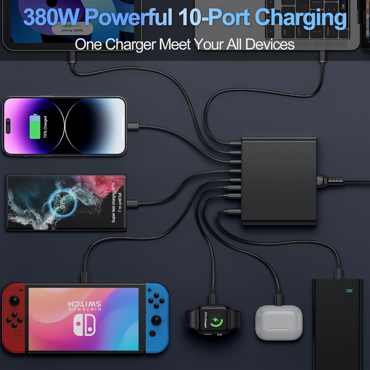380W USB C Charger,10-Port USB C Charging Station GaN III Fast Charging Station Hub Laptop Adapter for MacBook Pro/Air,iPad,iPhone,Dell XPS,Samsung Galaxy (Black)