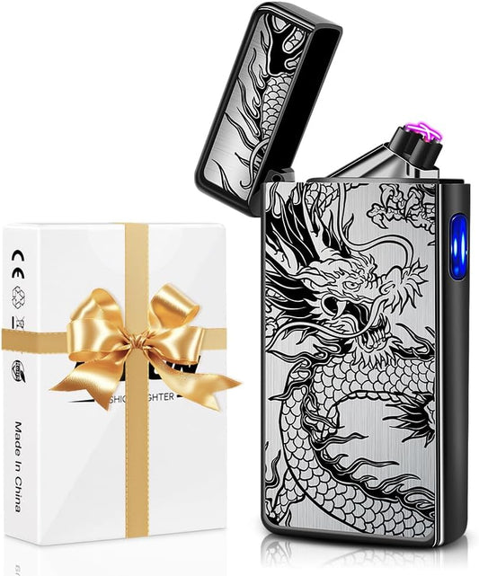 Gifts for Him Men, Electric Lighter USB C Rechargeable Dragon Lighter Dual Arc Plasma Windproof Lighter Cool Lighter Flame-Less with Large Capacity Battery (Black Dragon)