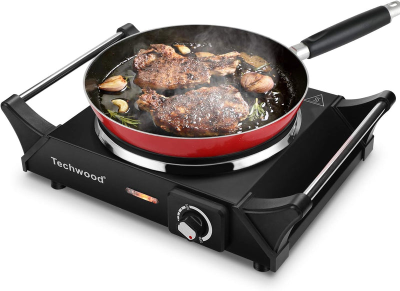 Techwood Hot Plate Portable Electric Stove 1500W Countertop Single Burner with Adjustable Temperature & Stay Cool Handles, 7.5” Cooktop for Dorm Office/Home/Camp, Compatible for All Cookwares