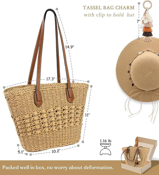 RUNROLE Straw Handbags with Tassel Hat Clip for Travel, Handmade Summer Raffia Totes, Hobo Shoulder Bag Purse for Women