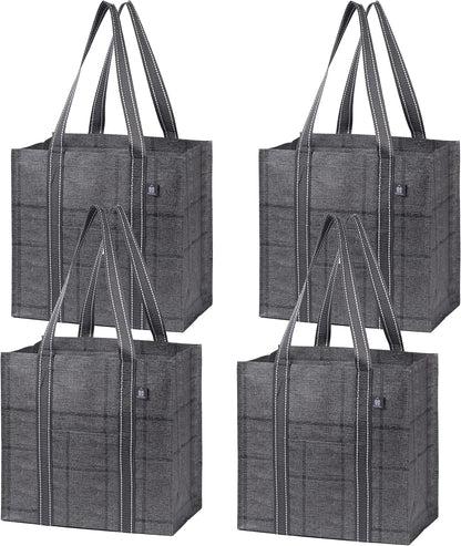 VENO 4 Pack Reusable Grocery Bags Foldable Heavy-Duty Shopping Bags w/Hard Bottom Multipurpose Utility Grocery Tote Bags (Windowpane, 4 Pack)
