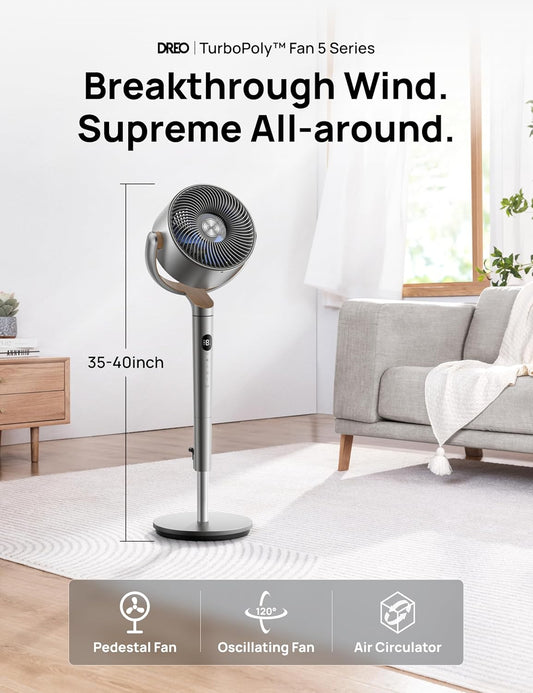 Dreo 23dB Silent Standing Fan, 120°+120°Omni-directional Oscillating Fan For Bedroom, 80 ft Circulator With Remote, DC Motor Quiet Pedestal Fans, Adjustable Height, 8 Speeds, 3 Modes, 8H Timer - PuriLite