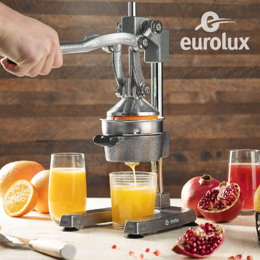 Eurolux Cast Iron Citrus Juicer | Heavy Duty Manual Hand Press | Extra-Large Commercial Grade Orange Juice Squeezer with Stainless Steel Cup - PuriLite