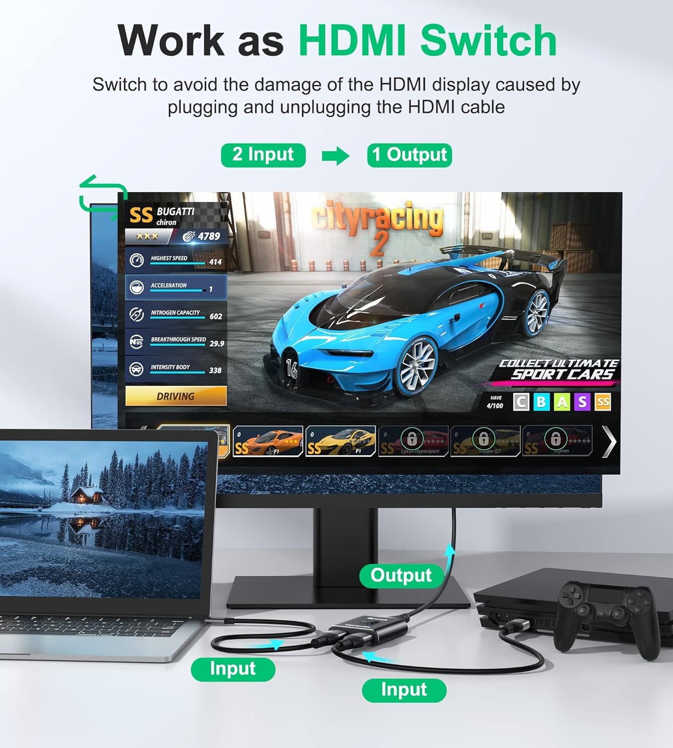 HDMI Switch 4k@60hz, GANA Ultra-Thin HDMI Switcher 2 in 1 Out, Manual HDMI Hub Splitter Supports HD Compatible with Xbox PS5/4/3 Blu-Ray Player Fire Stick Roku, Black (Support 1 Display at a time)