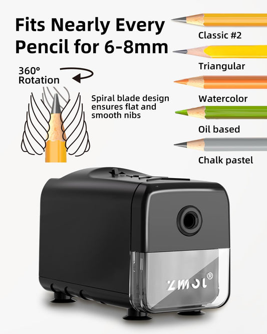 Zmol Electric Pencil Sharpener, Heavy Duty Classroom Pencil Sharpener, UL Listed Professional Pencil Sharpener for 6-8 mm No. 2/Colored Pencils with Stronger Spiral Blade, School Pencil Sharpener