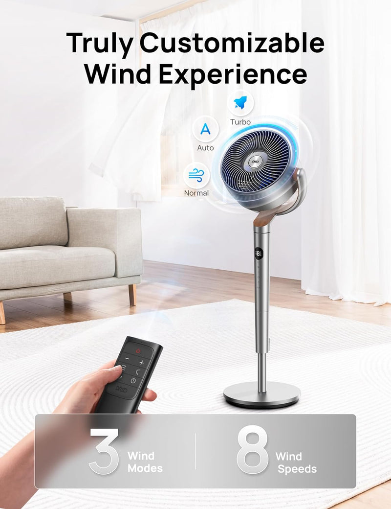 Dreo 23dB Silent Standing Fan, 120°+120°Omni-directional Oscillating Fan For Bedroom, 80 ft Circulator With Remote, DC Motor Quiet Pedestal Fans, Adjustable Height, 8 Speeds, 3 Modes, 8H Timer