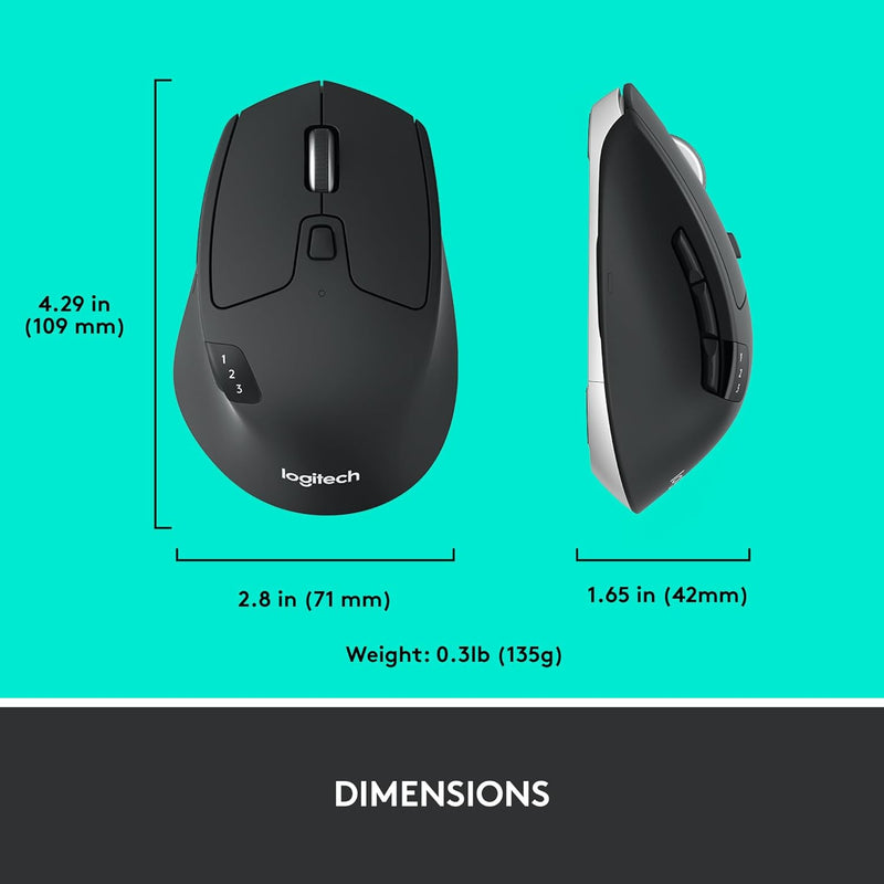 Logitech M720 Triathlon Multi-Device Wireless Mouse, Bluetooth, USB Unifying Receiver, 1000 DPI, 6 Programmable Buttons, 2-Year Battery, Compatible with Laptop, PC, Mac, iPadOS - Black