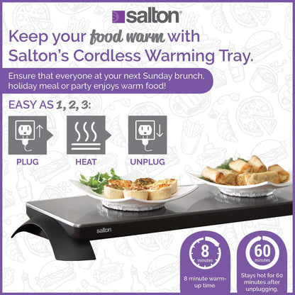 Salton Electric Warming Tray with Automatic Temperature Control, Keeps Food Hot for Buffets, Entertaining, Stainless Steel Warmer Cooktop for Appetizers, Large Surface Measures 25” X 8”, 800 Watts (TWT30)