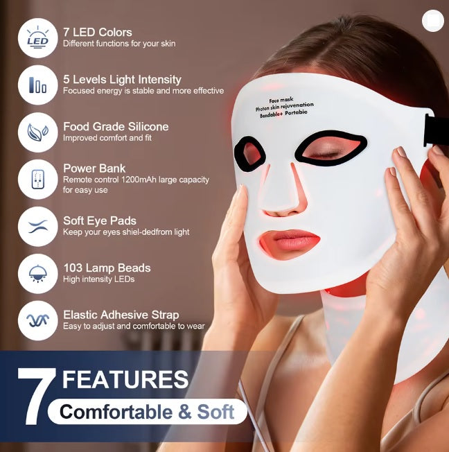Purilite Select 7 Color LED Facial Mask and Neck Beauty Device – Silicone Skin Rejuvenation Mask for Skin Tightening, Anti-Wrinkle Care and Facial Treatment - PuriLite