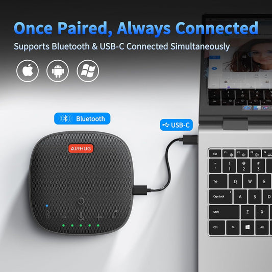 AIRHUG Conference Speaker and Microphone, Bluetooth Speakerphone with 360° Voice Pickup, Advanced Noise Reduction, USB-C Plug & Play, Compatible with Zoom and MS Team - PuriLite