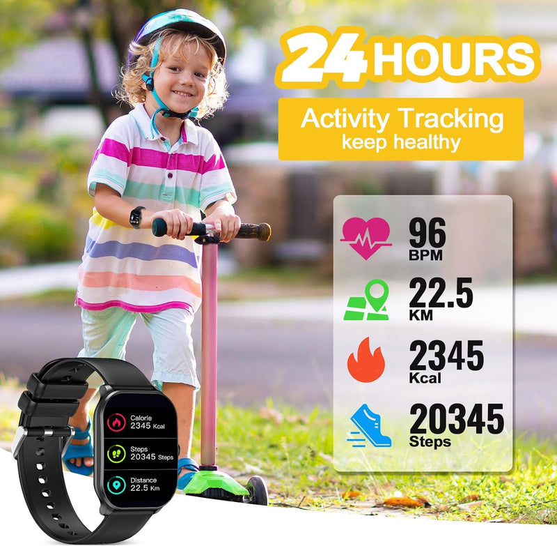 Kids Smart Watch for Boys Girls, Fitness Tracker Watch with Pedometer, 65 Sport Modes, Heart Rate Sleep Monitor, Alarm Clock, Kids Gifts for Boys Girls Teens 6+ (Black)