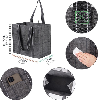 VENO 4 Pack Reusable Grocery Bags Foldable Heavy-Duty Shopping Bags w/Hard Bottom Multipurpose Utility Grocery Tote Bags (Windowpane, 4 Pack)