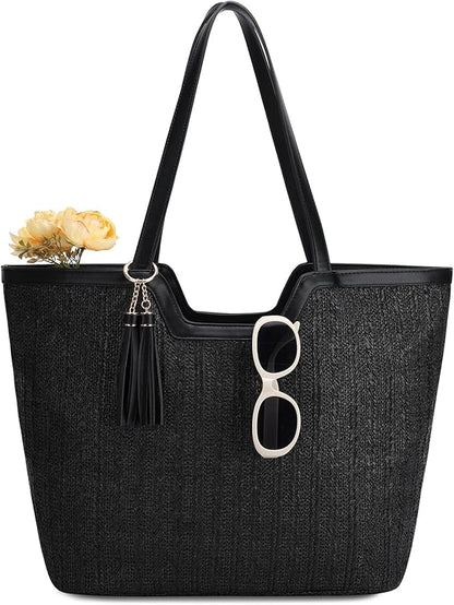 Straw Beach Tote Bag for Women,Vaschy Cute Trendy Woven Crochet Raffia Summer Shoulder Handbags Purses for Travel Vacation