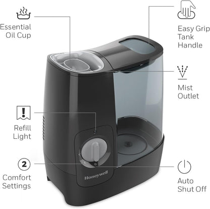 Honeywell HWM845BC Soothing Comfort Warm Mist Humidifier, Black, with Essential Oil Cup, Auto Shut-off, Wide Tank Opening, Warm Visible Mist