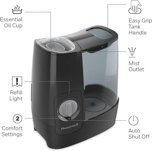 Honeywell HWM845BC Soothing Comfort Warm Mist Humidifier, Black, with Essential Oil Cup, Auto Shut-off, Wide Tank Opening, Warm Visible Mist - PuriLite