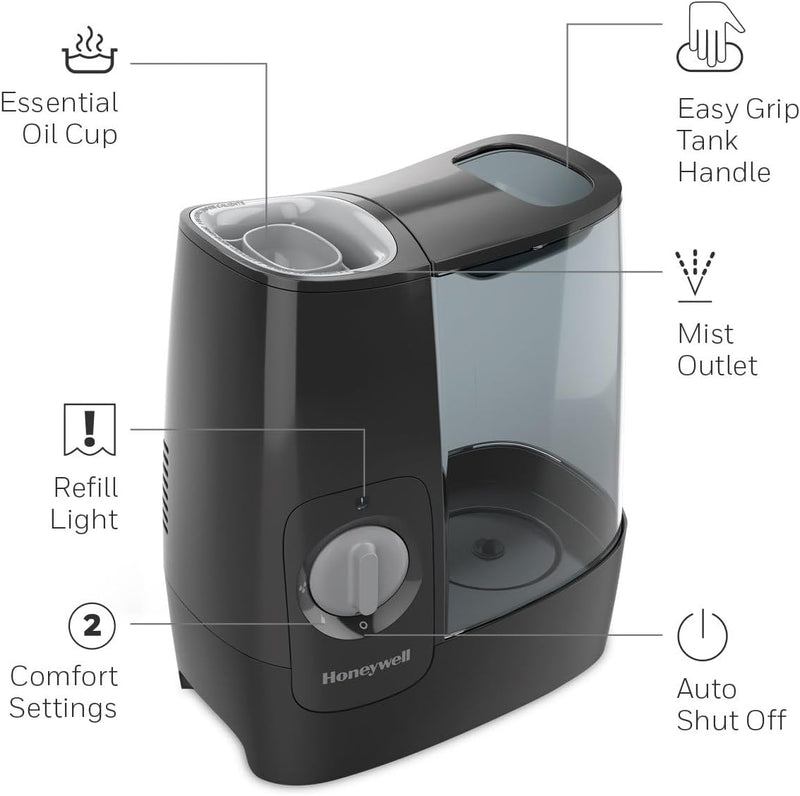 Honeywell HWM845BC Soothing Comfort Warm Mist Humidifier, Black, with Essential Oil Cup, Auto Shut-off, Wide Tank Opening, Warm Visible Mist