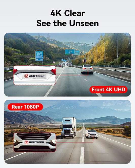 REDTIGER F7NP Dual Dash Cam - 4K Front + 1080P Rear, Built-in Wi-Fi, GPS, 32GB Card, Night Vision, Parking Mode - PuriLite