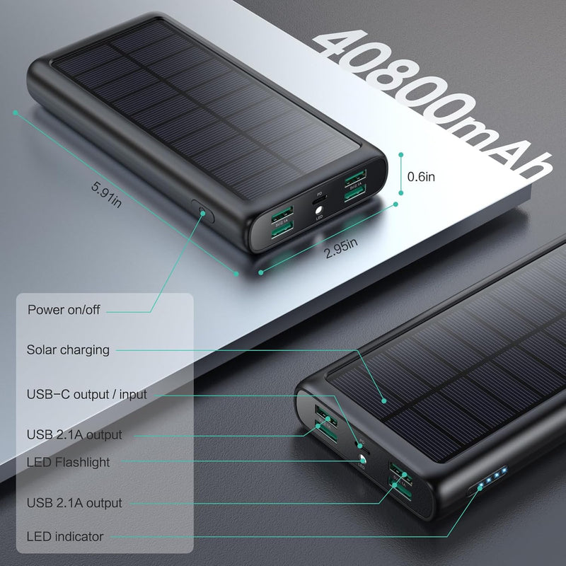 Power Bank Portable Charger 40800mAh, Upgraded 5 Outputs USB C Fast Charging Battery Pack Cell Phone Charger, Solar Charger with LED Flashlight for iPhone 16/15/14/13/12, Samsung Google Android Phones