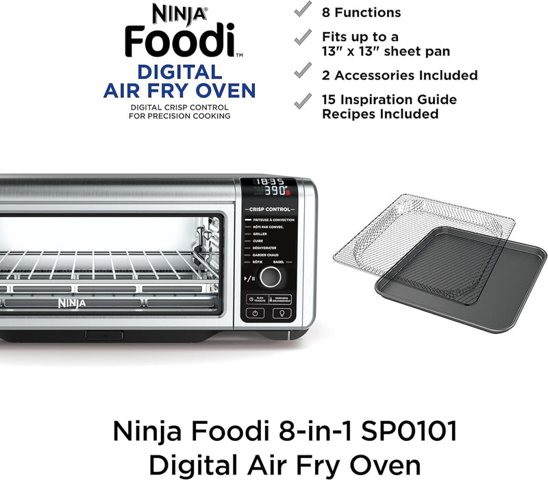 Ninja Foodi 8-in-1 Digital Air Fry Oven, Large Toaster Oven, Flip-Away For Storage, Dehydrate, Keep Warm, 1800 Watts, Stainless (SP101C) – Canadian Version