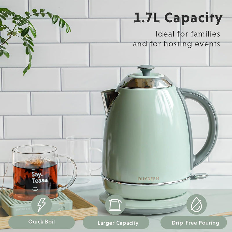 BUYDEEM K640 Stainless Steel Electric Tea Kettle with Auto Shut-Off and Boil Dry Protection, 1.7 Liter Cordless Hot Water Boiler with Swivel Base, 1440W (Cozy Greenish)