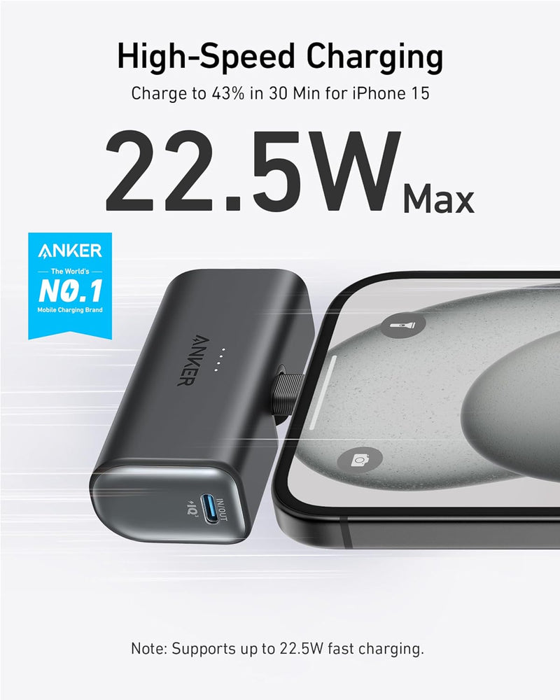 Anker Nano Power Bank with Built-in Foldable USB-C Connector, 5,000mAh Portable Charger 22.5W, for Samsung S22/23 Series, Note20/10 Series, LG, Huawei, iPad Pro/Air, AirPods, and More