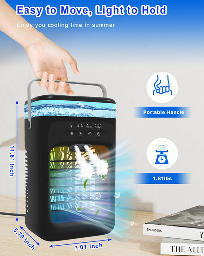 Mecmic Portable Air Conditioner Cooling Fan - 3 Speeds, 2 Mist Modes, 1000mL Water Tank, 7-Color Night Light, 2-4H Timer, Mini Cooling Fan for Bedroom, Office, Camping