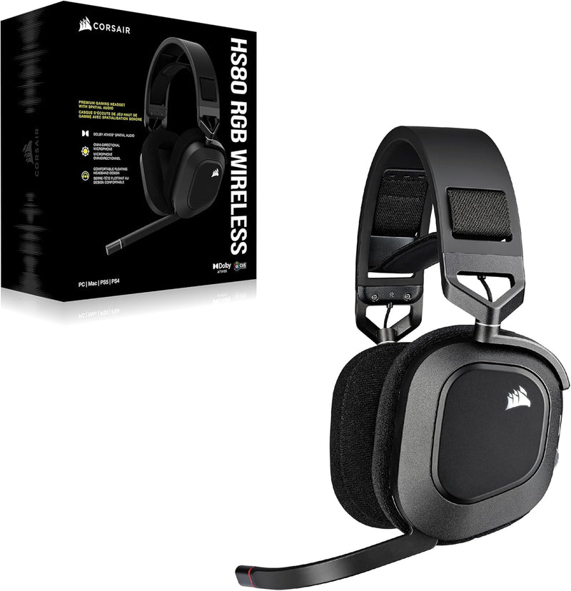 Corsair HS80 RGB Wireless Premium Gaming Headset with Dolby Atmos Audio (Low-Latency, Omni-Directional Microphone, 60ft Range, Up to 20 Hours Battery Life, PS5/PS4 Wireless Compatibility) Black