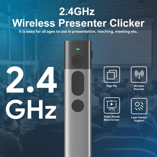 Wireless Presentation Clicker Pointer Rechargeable, 2.4GHz Presenter Remote PPT Clicker, Clicker for Powerpoint Slide Advancer for Mac, Computer, Laptop